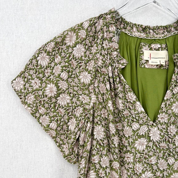 ANTHROPOLOGIE Dress Womens XS Green Robin Tiered Mini Short Sleeve Floral Print - Picture 10 of 16